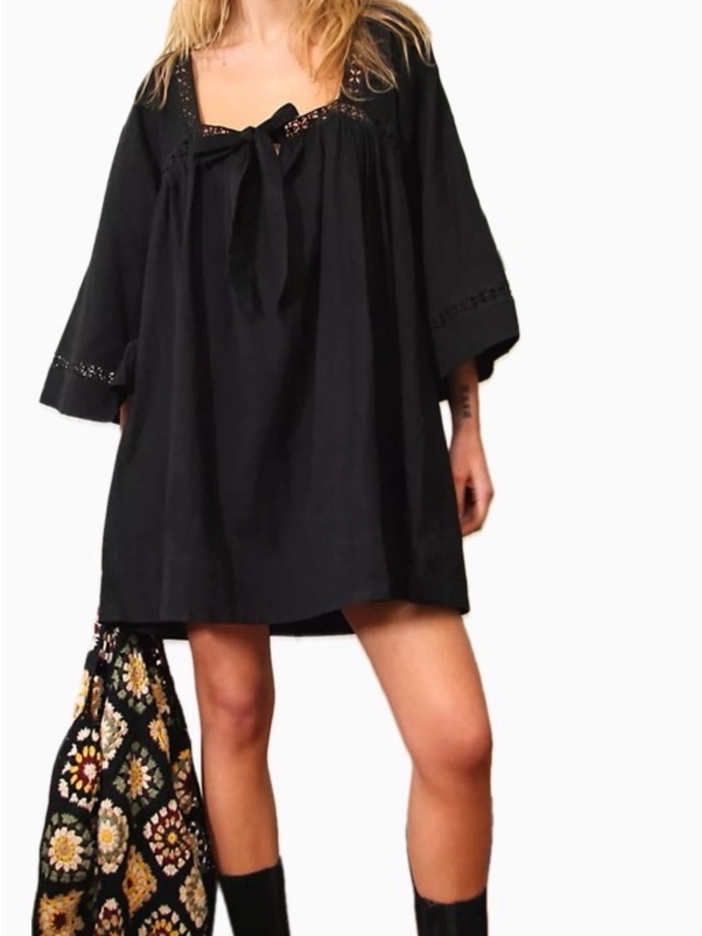 Free People Black Peasant Tunic/Minidress with Tie Neck Small EXCELLENT CONDITIO